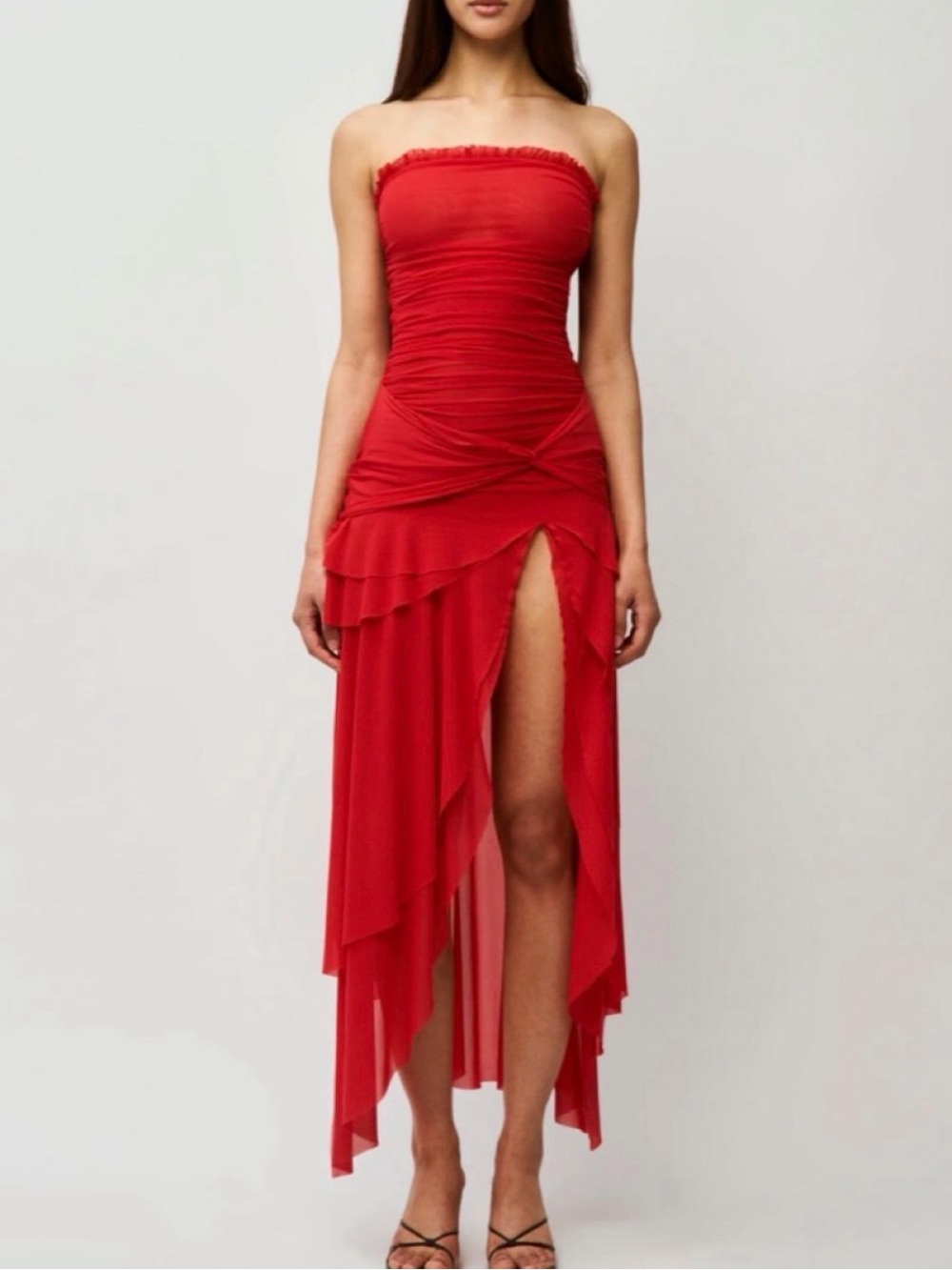 Danielle Guizio Strapless Red Asymmetrical Ruffle Dress